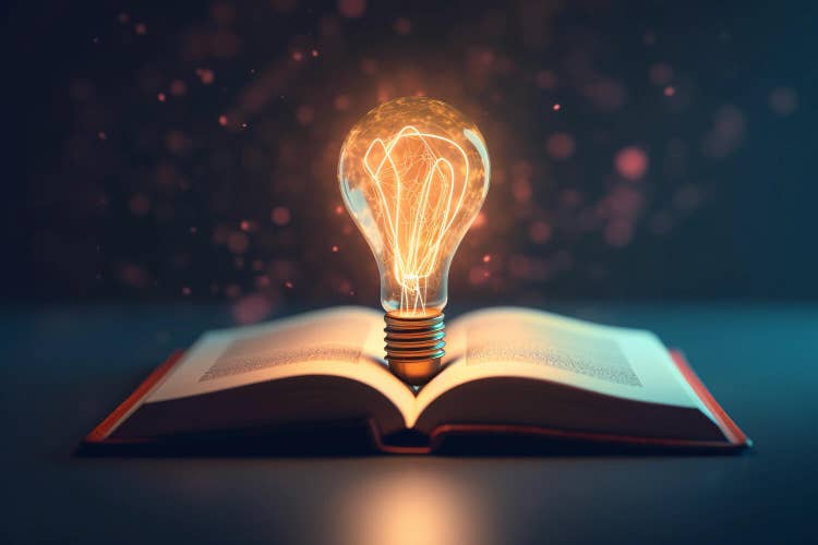 Glowing light bulb on a text book illuminating everything. Learning and education concept. Generative AI