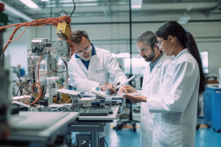 Scientists in a modern lab work with robotics, showcasing innova