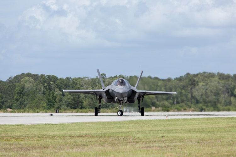 BEAUFORT, SOUTH CAROLINA-APRIL 30, 2017: A US Marines F-35 lightning taxis on the runway at the Marine Corp Air Station