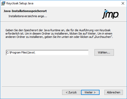 Speicherort für die Java-Installation angeben