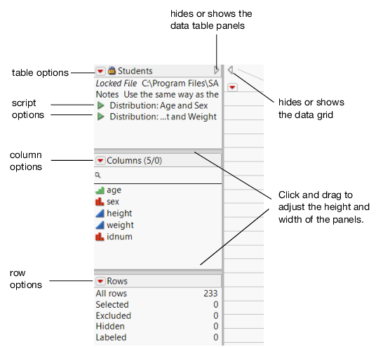 Interacting with the Data Table Panels