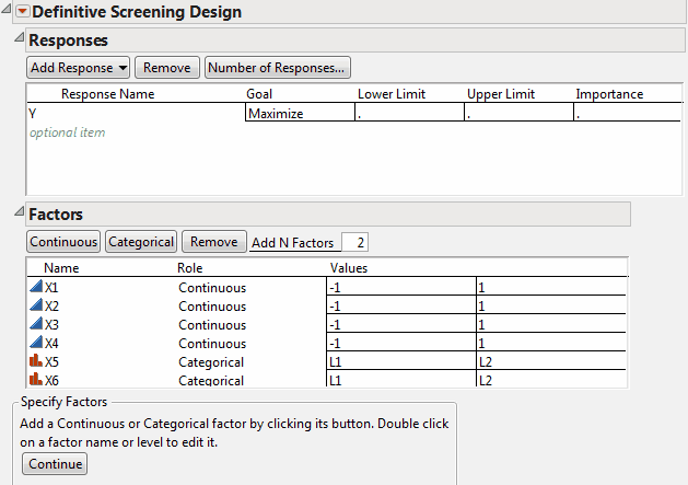 Definitive Screening Dialog with 4 Continuous and 2 Categorical Factors