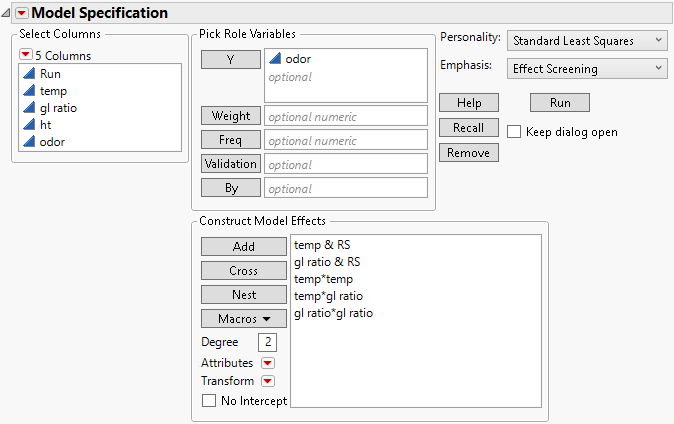Fit Model Window for Two-Factor Response Surface Model