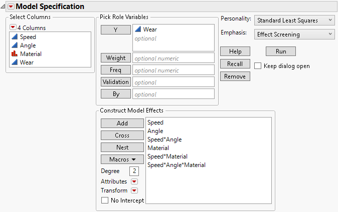 Fit Model Window for Three-Way Full Factorial
