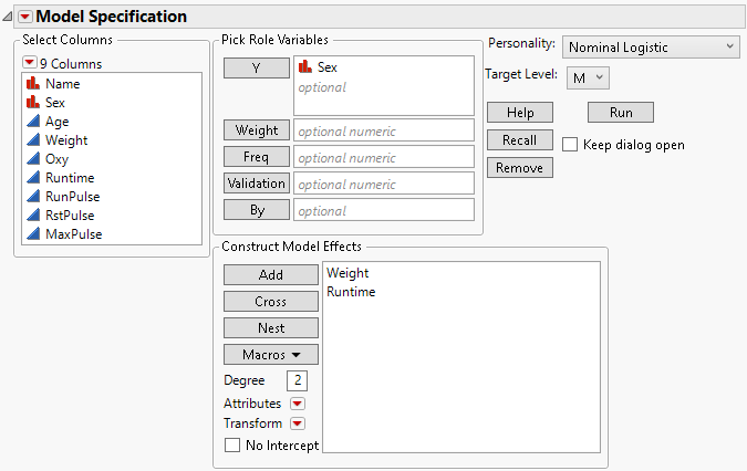 Model Specification Window for Reduced Model
