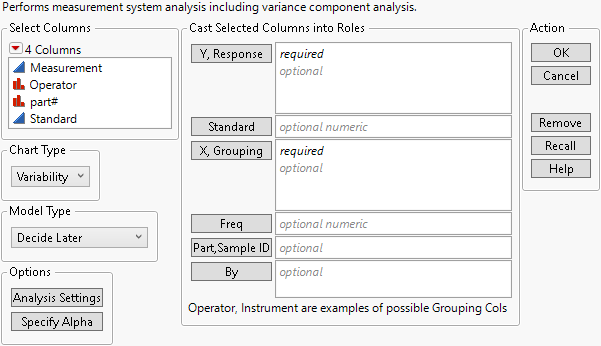 The Variability/Attribute Gauge Chart Launch Window