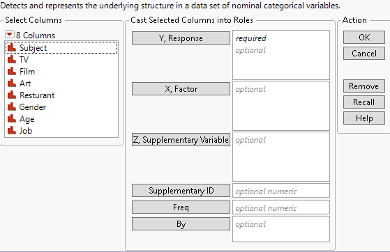 Multiple Correspondence Analysis Launch Window