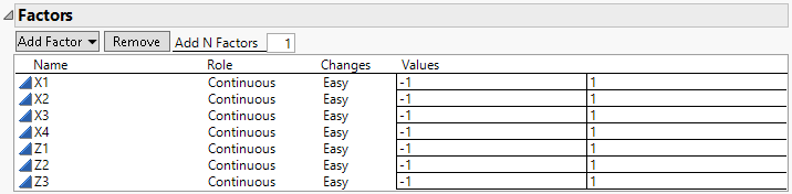Factor Outline for Design with 4 Control and 3 Noise Factors