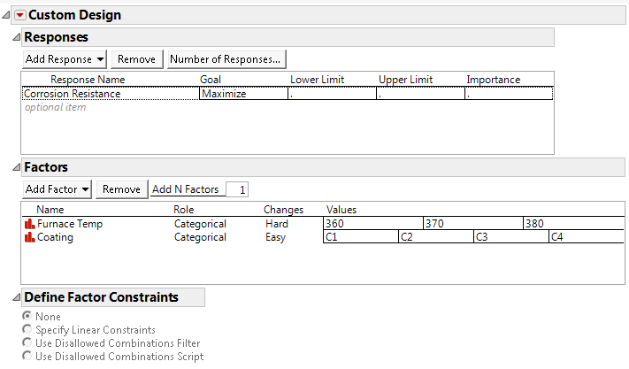 Responses and Factors for Box Corrosion Split-Plot Experiment