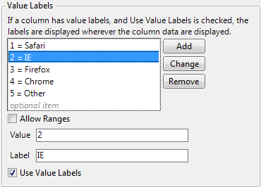Value Labels Panel with Selection