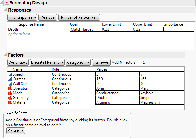 Responses and Factors Outlines for Weld Experiment