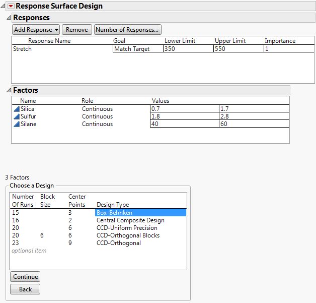 Responses and Factors Outlines for Tire Tread Design