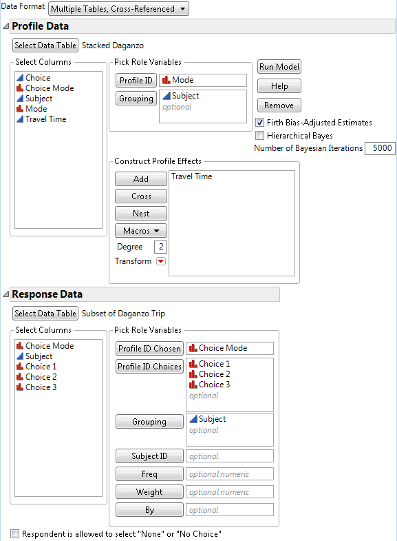 Choice Dialog Box for Daganzo Data with Multiple Tables