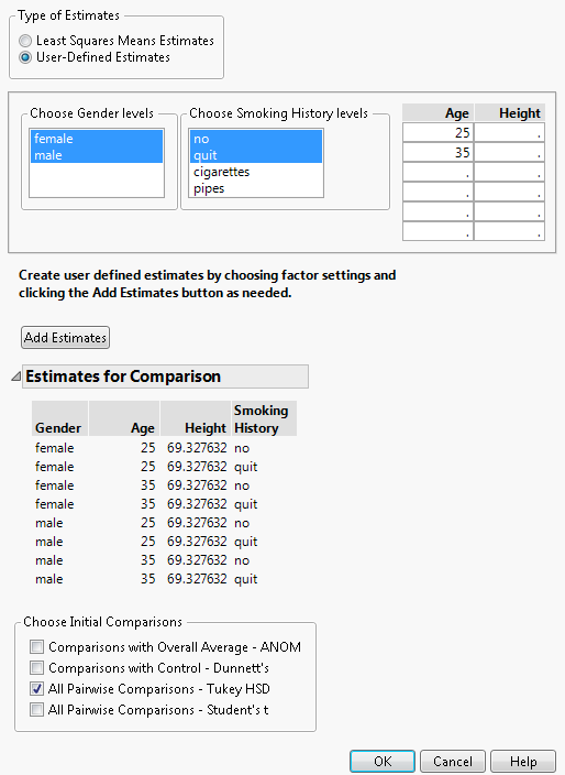 Populated Used-Defined Estimates Window
