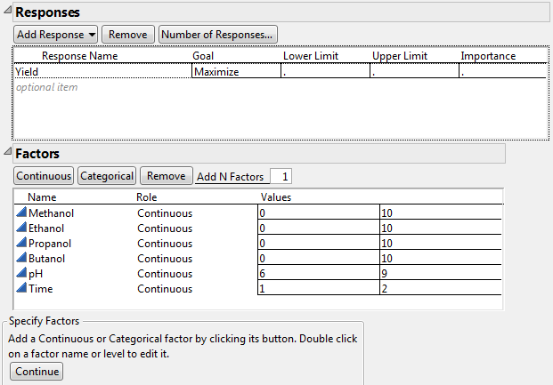 Responses and Factors for Extraction Design