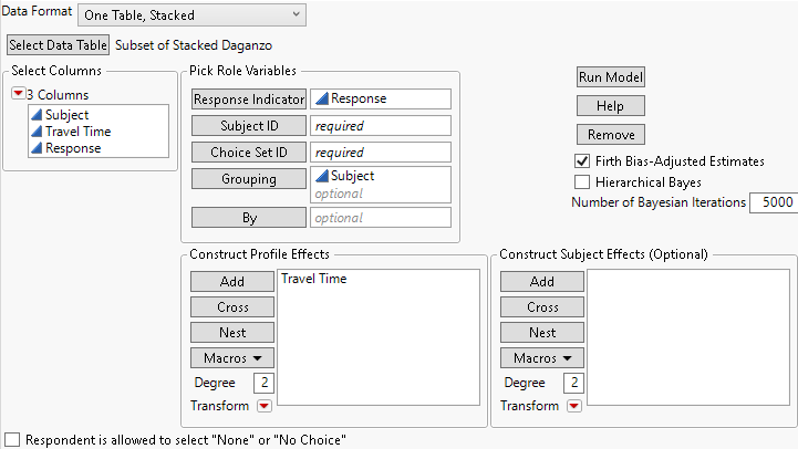 Choice Dialog Box for Subset of Stacked Daganzo Data for One-Table Analysis