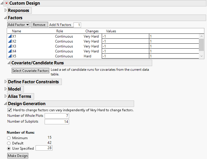 Factors and Design Generation Outline for Two-Way Split Plot Design