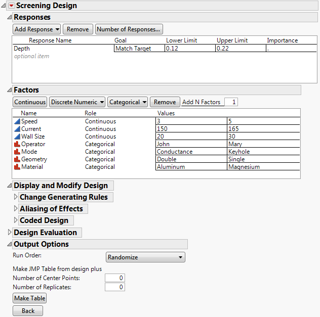 Completed Screening Design Window