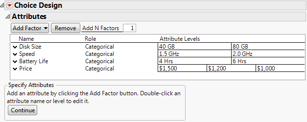 Choice Design Window with Attributes Defined
