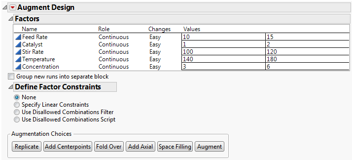 Initial Augment Design Window Using Reactor 8 Runs.jmp
