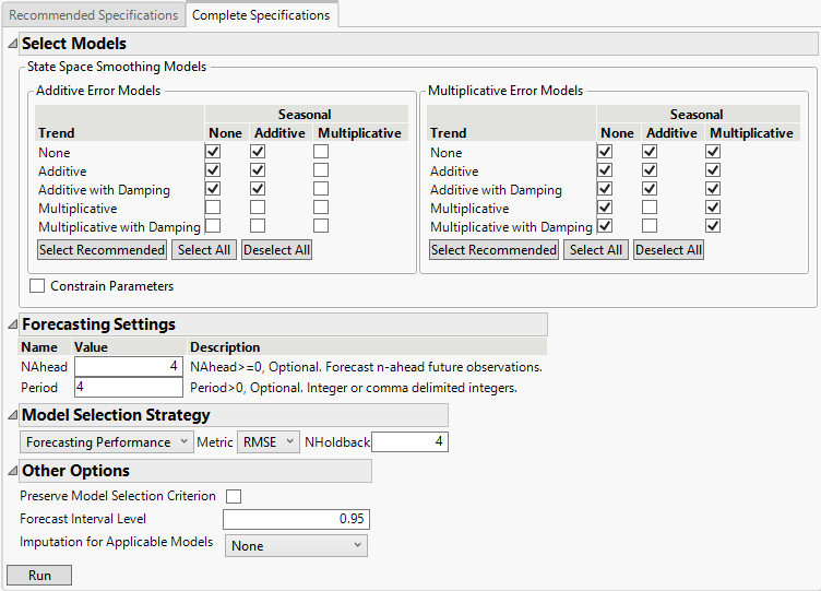 Complete Specifications Tab