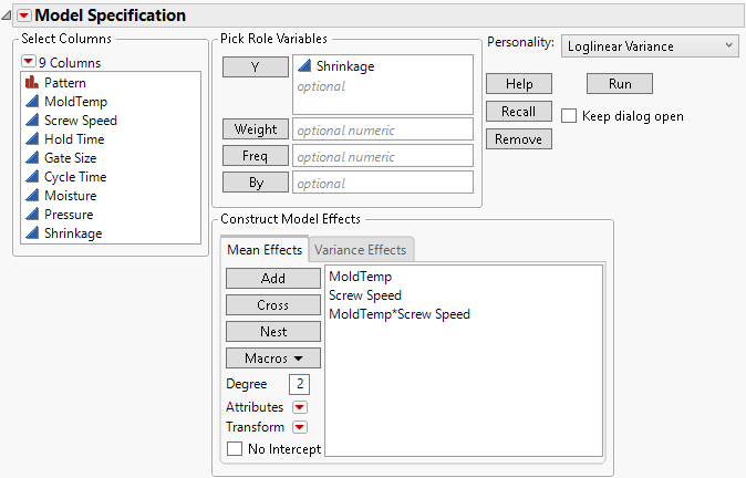 Fit Model Launch Window with Loglinear Variance Selected