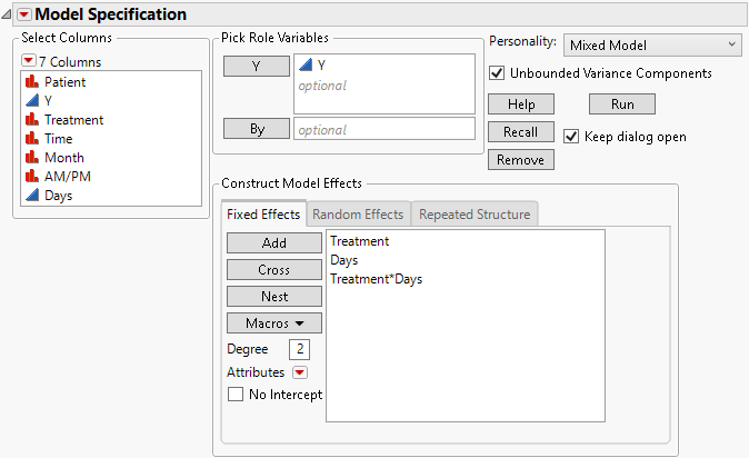 Fit Model Launch Window Showing Fixed Effects Tab