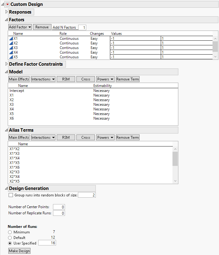 Factors, Model, Alias Terms, and Number of Runs