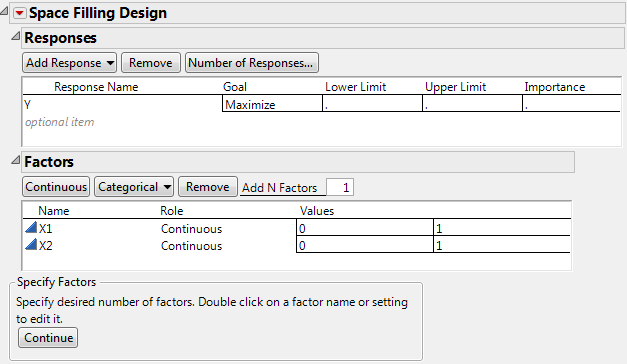 Space-Filling Dialog for Two Factors