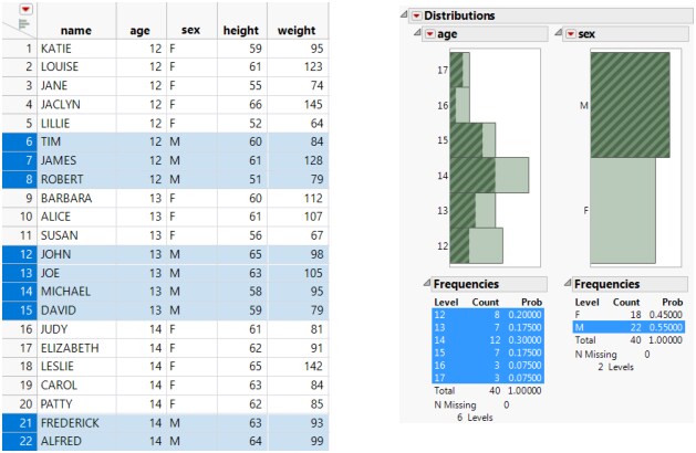 Example of a JMP Report Window and Data Table