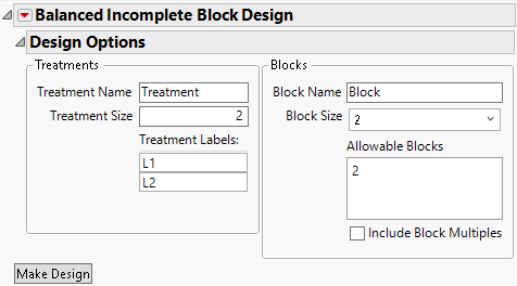 Balanced Incomplete Block Design Window