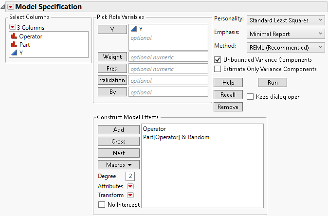 Fit Model Window for Two-Factor Nested Random Effects Model