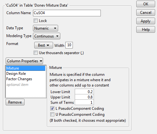 Mixture Column Property Panel for CuSO4