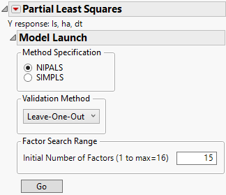 Partial Least Squares Model Launch Control Panel