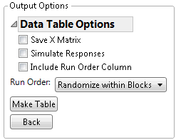 Output Options Panel for Wine Experiment