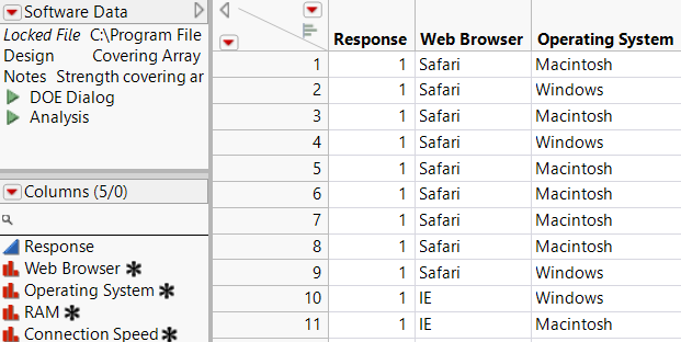 Partial View of Covering Array Table for Software Data.jmp Showing Scripts