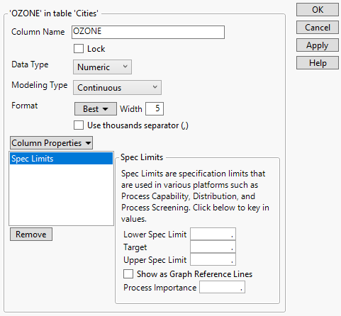 Spec Limits Section of the Column Properties Window