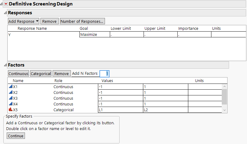 Definitive Screening Dialog with 4 Continuous and 2 Categorical Factors