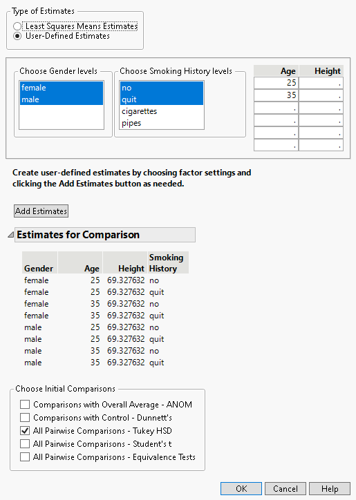 Populated Used-Defined Estimates Window