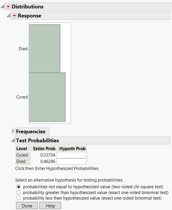 Test Probabilities Report Options for a Variable with Exactly Two Levels