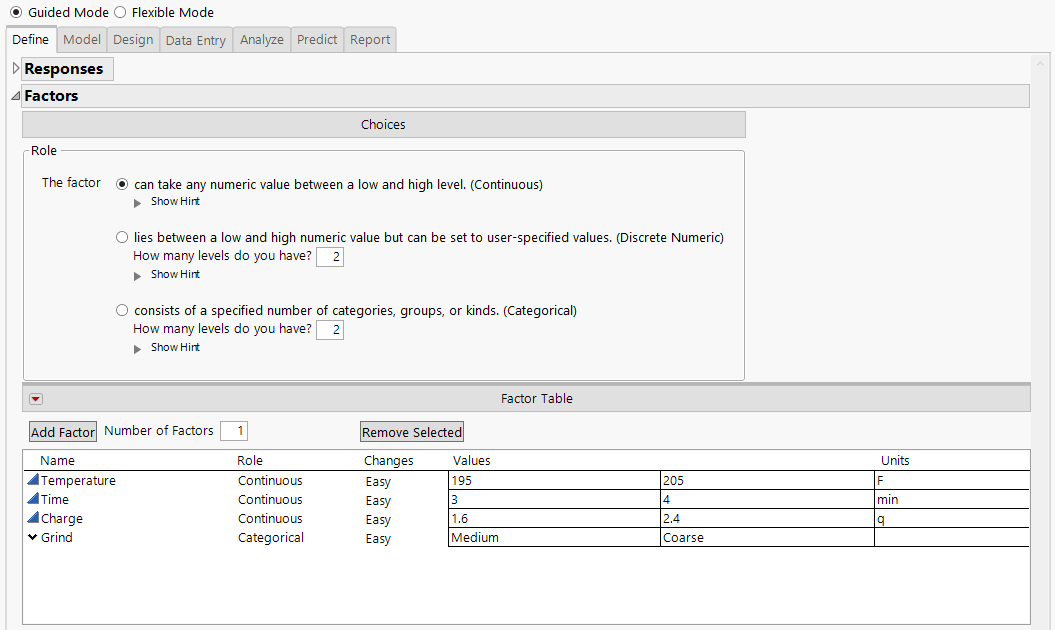 Completed Factor Table on the Easy DOE Define Tab