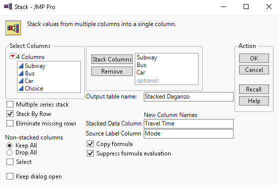 Stack Dialog for Daganzo Data