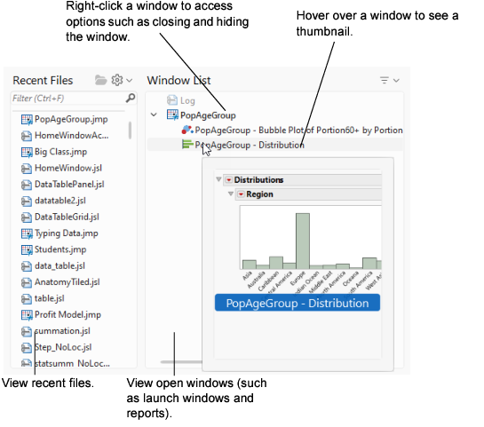 JMP Home Window Actions