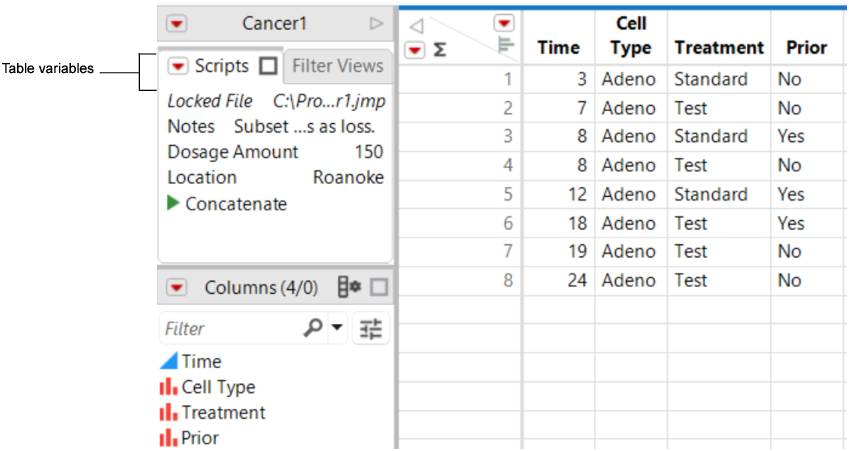 Table Variables in the Table Panel