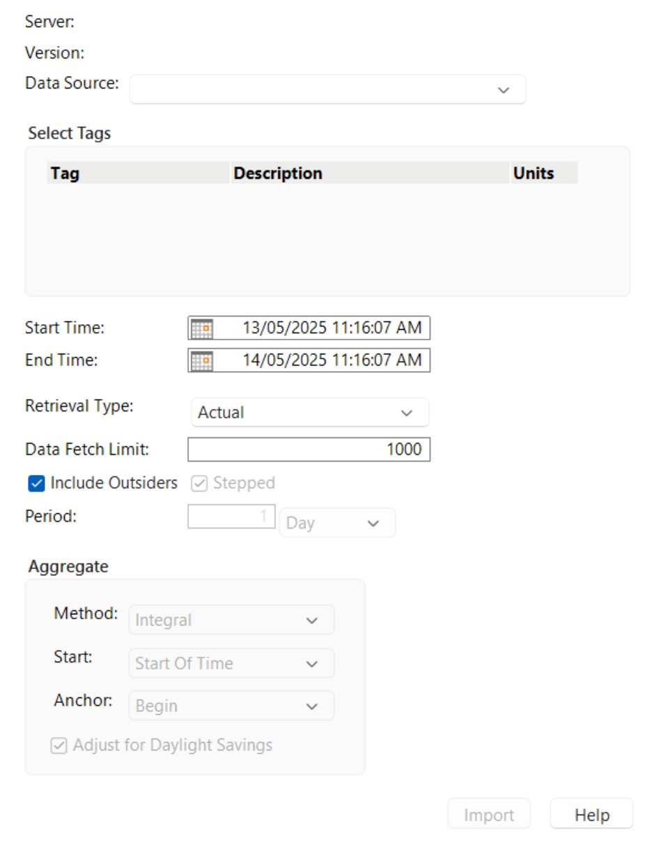 Import from AspenTech IP.21 Server Window