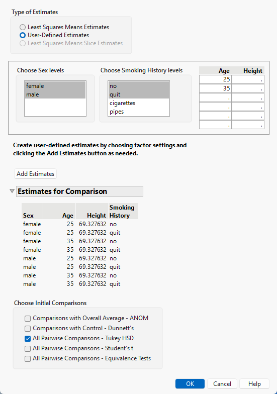 Populated Used-Defined Estimates Window