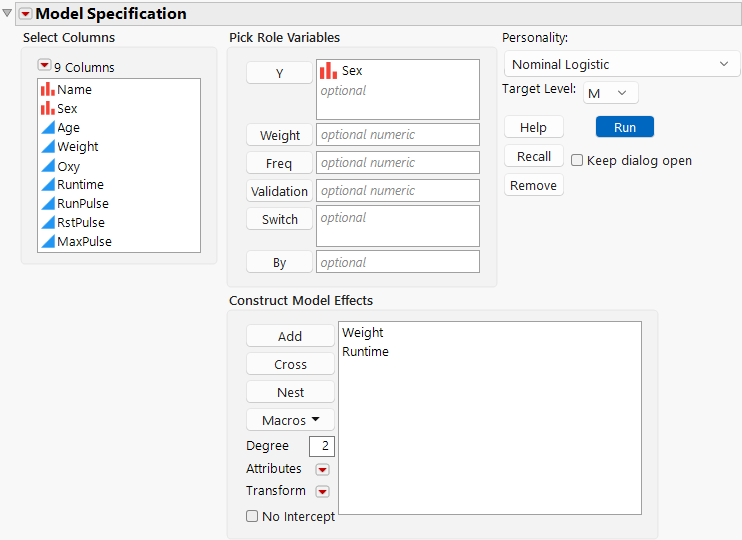 Model Specification Window for Reduced Model