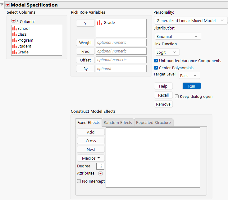 Fit Model Launch Window with Generalized Linear Mixed Model Selected