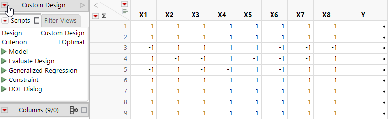 Custom Design Table Showing Scripts