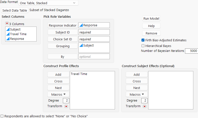 Choice Dialog Box for Subset of Stacked Daganzo Data for One-Table Analysis